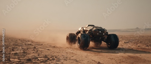 Futuristic rover vehicle traversing dusty martian landscape low angle shot exploration concept science fiction adventure transportation