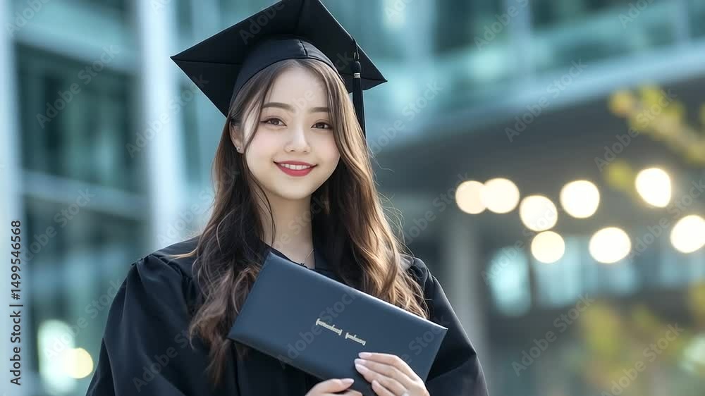 Confident young graduate holding her diploma scroll while facing the camera, modern university building with glass panels behind her, soft bokeh lights from the ceremony