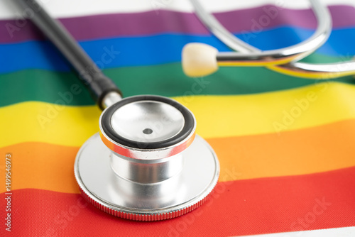 Stethoscope on LGBT rainbow flag, rights and gender equality.