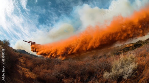Aerial firefighting plane releasing orange retardant over wildfire, forest fire suppression operation in progress.