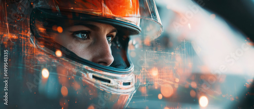 Focused female racecar driver inside vehicle with futuristic overlay