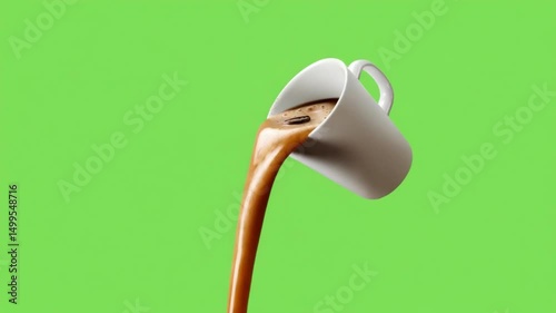Coffee Stream: An artistic shot of dark brown coffee gracefully cascading from a tilted white mug against a vibrant green backdrop.