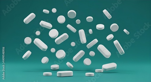 White Pills Floating on Teal Background: Pharmaceutical Medication, Healthcare, Medicine, Tablets, Capsules, Treatment, Wellness