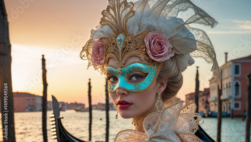 A beautiful woman in a carnival mask poses on the Venetian canals at sunset, elegant.