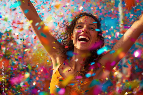 Joyful woman celebrating with colorful confetti