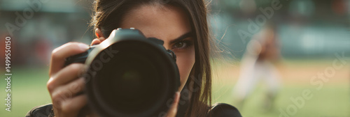 Woman photographer captures action with camera lens outdoors