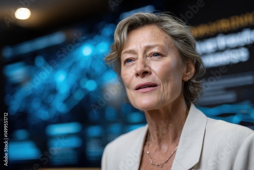 This image showcases a confident senior woman speaking passionately in a modern office setting, highlighting leadership, experience, and the importance of communication in business. Free Download This image showcases a confident senior woman speaking passionately in a modern office setting, highlighting leadership, experience, and the importance of communication in business. - GFXLoad
