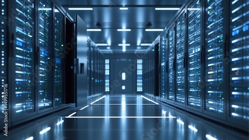 Futuristic data center interior with rows of illuminated server racks and high-tech lighting. The environment is sleek, clean, and symmetrical, highlighting advanced information technology infrastruct photo