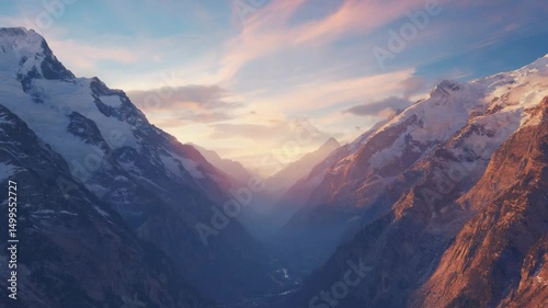 Breathtaking Mountain Valley at Sunrise with Glowing Peaks and Colorful Sky
