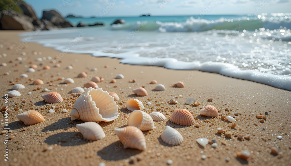 Seashells on Sandy Beach with Ocean Waves in the Background
Seashells on Sandy Beach with Ocean Waves in the Background