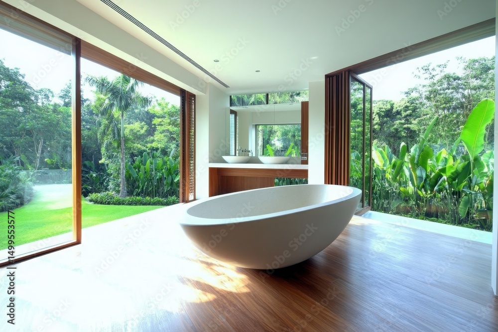 Fototapeta premium Modern bathroom with tub and view on a white background