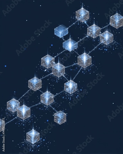 Blockchain Network Isometric Illustration on Dark Blue Background Connecting Cubes with Lines and Glowing Particles Representing Data Transfer