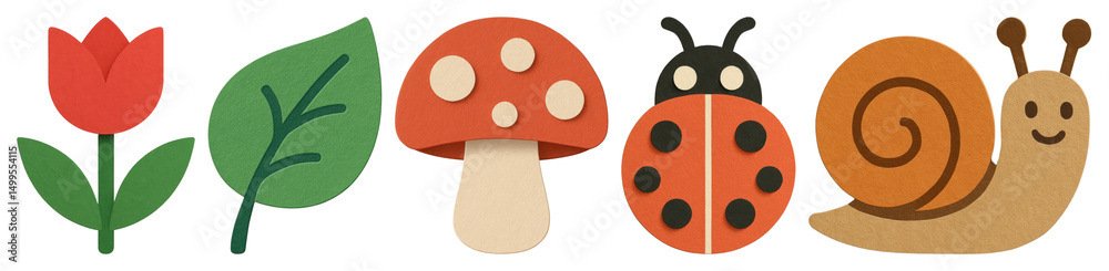 Obraz premium PNG Colorful nature-themed paper cutouts, element set on transparent background