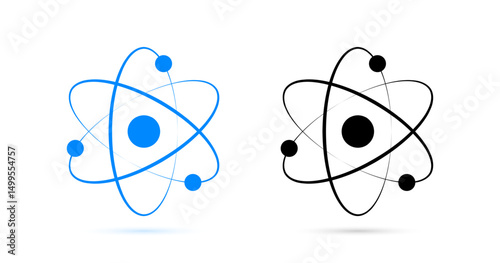 Atom icon. Quantum physics. Scientific logo isolated on white background. Medical symbol. Nuclear energy. Molecule structure. Fusion reactor. Proton core. Atomic neutron power. Vector illustration