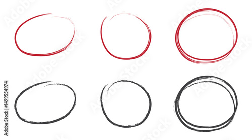 set of simple circle round brush strokes isolated vector illustration