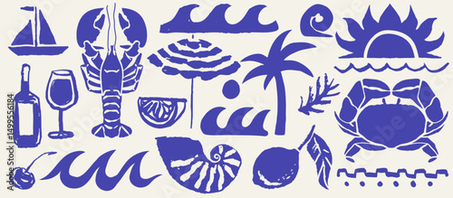 Italian greek style vacation hand drawn vector illustrations in grunge scribble rough doodle sketch style elements. Wave, surf, palm tree vacation in chalk charcoal style. Drawings for poster, placard