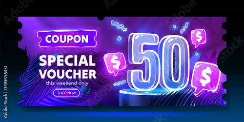 Coupon special voucher 50 dollar, Neon banner special offer. Vector