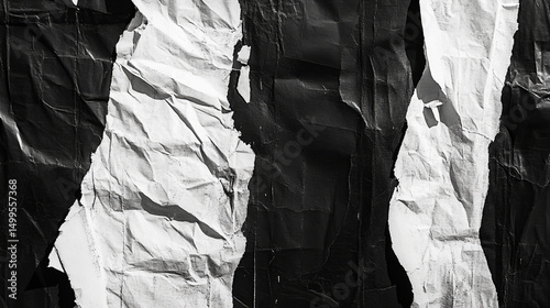 Grungy black and white abstract background with rough textures, peeling paper, bold contrast and modern distressed design

