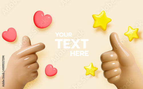 3D Hands Showing Finger Heart and Thumbs Up Surrounded by Hearts and Stars on Beige Background