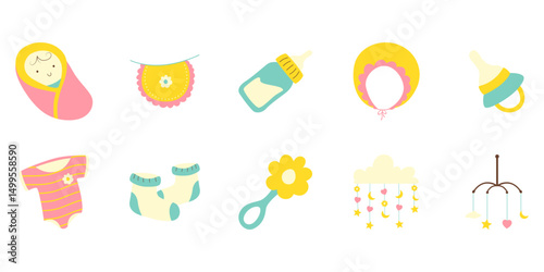 Set of newborn baby decoration, baby shower, gender reveal, postcard, invitation illustration. Vector isolated.