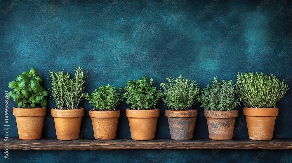 Fototapeta premium Row of terracotta herb pots on a wooden shelf against a teal background