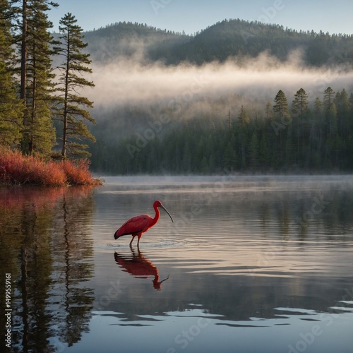 red heron on the shore of lake