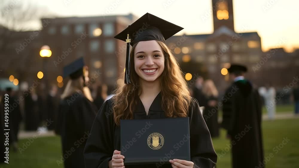 Smiling young woman in academic regalia clutching her diploma scroll with both hands, surrounded by classmates and family, campus buildings glowing in the background