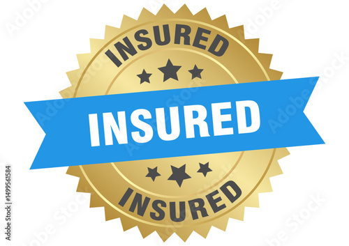 insured. insured round blue and gold label isolated on transparent background
