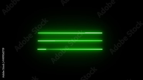 Horizontal neon line animation moving from right to left on black screen. Abstract glowing neon lights blinking lines moving animation.
