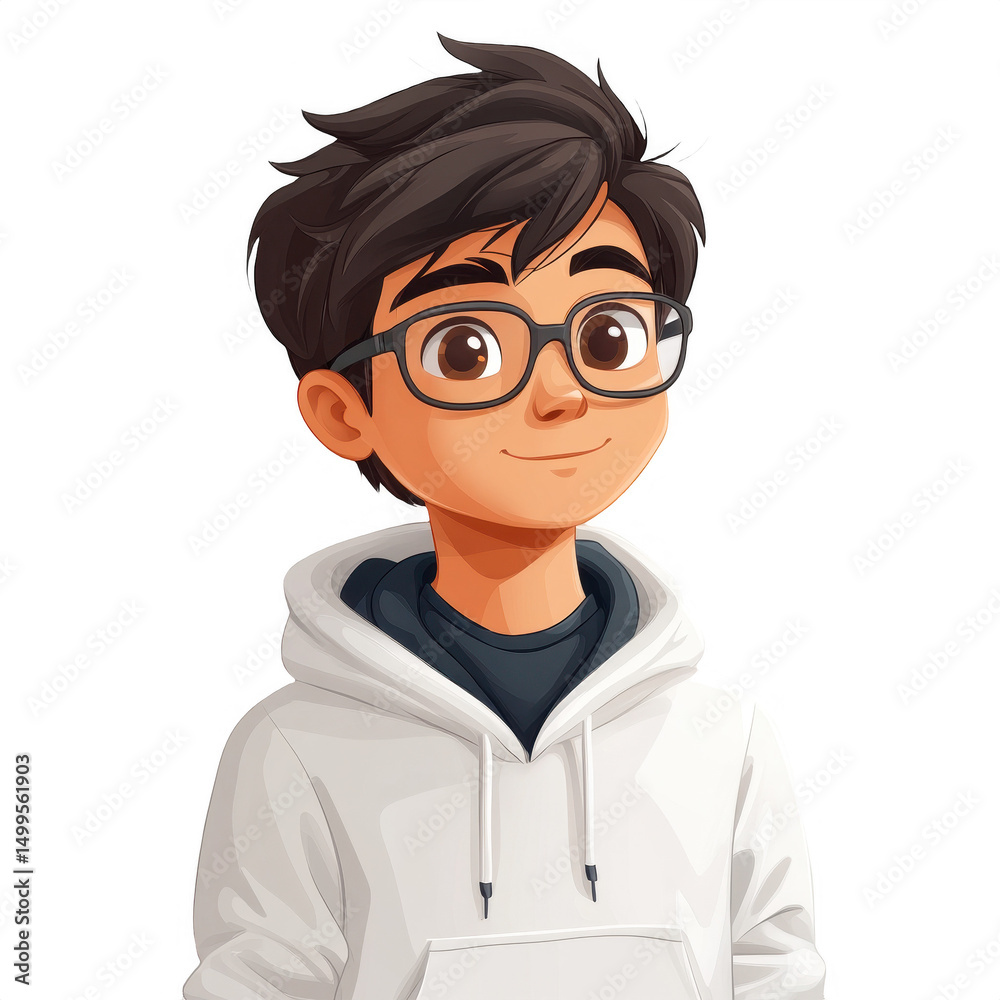 Cartoon character illustration of a young boy with glasses and hoodie on transparent background Cartoon character illustration of a young boy with glasses and hoodie on transparent background