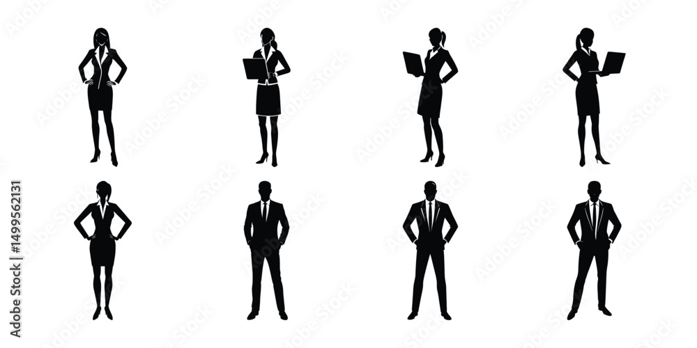 Businessman silhouette in formal attire standing confidently, collection of business person vector illustrations Businessman silhouette in formal attire standing confidently, collection of business person vector illustrations