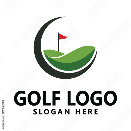 Golf Logo Design with Green Hills and Red Flag