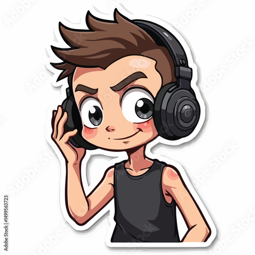 A sticker depicting a boy wearing headphones, smiling and enjoying music..eps