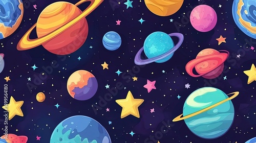 Cute seamless pattern with planets and stars for kids. Cosmic elements pattern