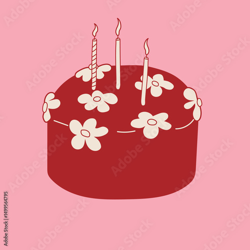 Hand drawn round cake with glazed top, candles and flowers decorationson a pink background. Whimsical doodle dessert illustration. Coquette bakery item. Ideal for wedding, anniversary, valentine day. 
