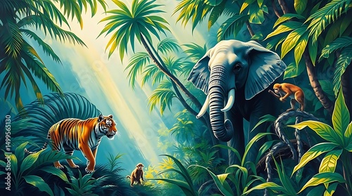 group of wild mammals in a lush tropical jungle, including a tiger, elephant, and monkey. Natural lighting, realistic style, high detail, vibrant colors