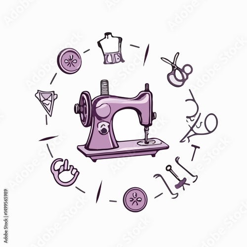 A purple sewing machine surrounded by various sewing symbols, showcasing creativity and craftsmanship..eps