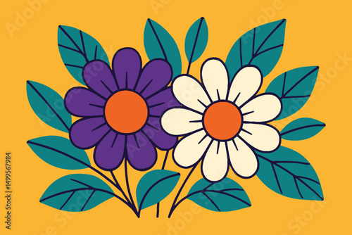 Vibrant Purple and White Flowers with Teal Leaves on Yellow Background
