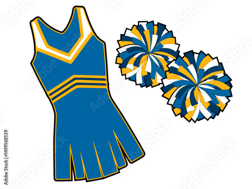 Cheerleading illustration, blue and orange pom-poms, and cheerleading uniform. Vector cheerleading illustration.