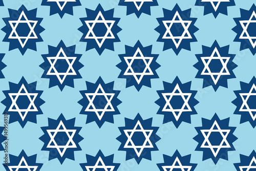 Seamless Pattern of Blue Star of David on Light Blue Background