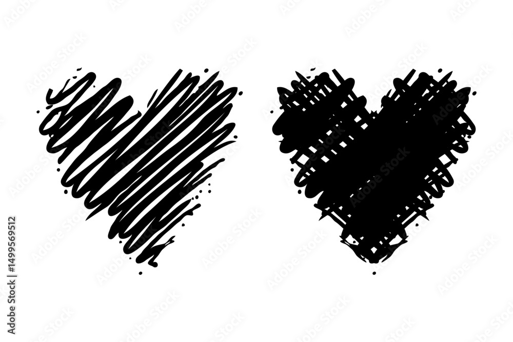 Obraz premium Two black ink sketch scribble hearts in hand-drawn style on white background, symbolizing love, creativity, and artistic expression