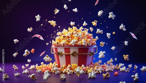 Delicious popcorn overflowing from a striped bucket in a cinema setting.