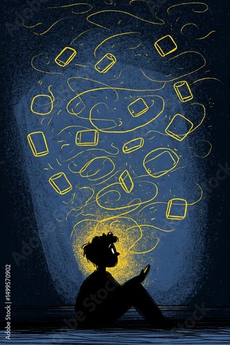 Flat illustration poster, Thoughts consumed by the screen glow in the silence of the night