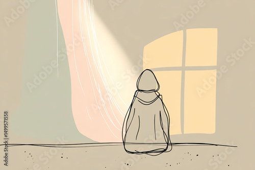 A person in a hoodie sitting alone in a dark room, Silent hope through the window light