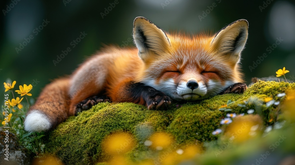 Obraz premium Sleepy Fox in Mossy Meadow