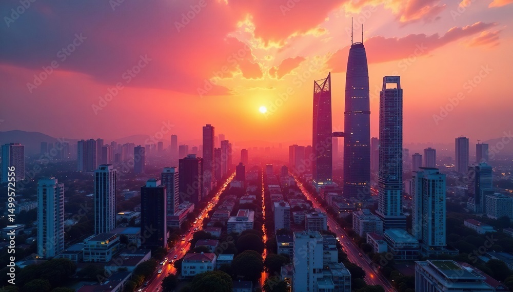 Fototapeta premium High-rise buildings in a vibrant Asian city at sunset, showcasing modern architecture and urban development , asian, asia pacific