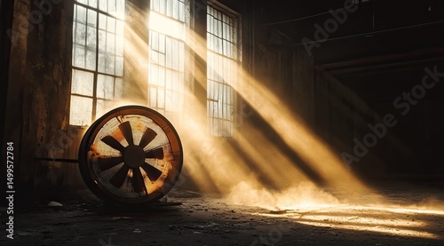 Wallpaper Mural Sunbeams illuminate a dusty, abandoned industrial space; a large, rusty fan sits in the foreground, catching the light Torontodigital.ca