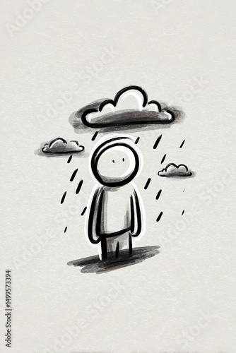 Alone in the Rainstorm — Minimalist Sad Character Under Cloudy Sky