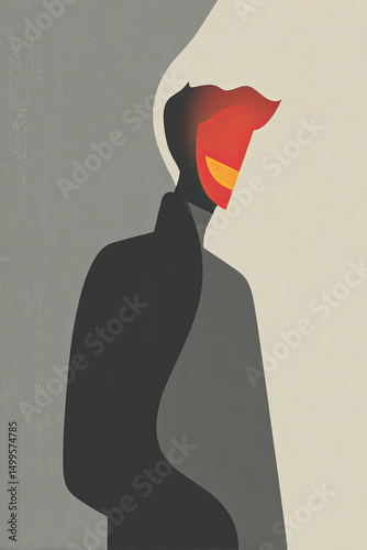 Smiling mask hiding inner shadow — stylized man split between bright face and dark silhouette
