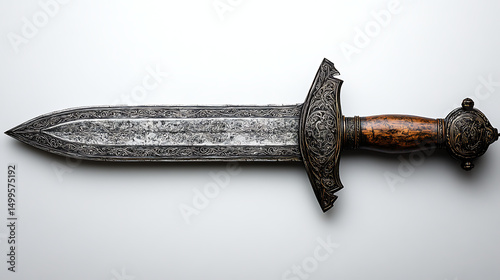 A beautifully decorated medieval rondel dagger with its circular handguard and slender blade, sharply detailed against a stark white background under soft professional studio lighting 